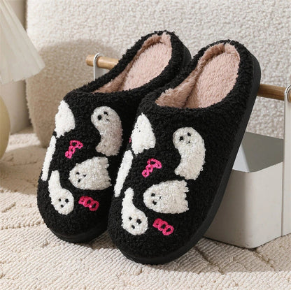 Cozy Halloween-themed cartoon ghost slippers with soft cotton construction and non-slip soles for comfortable indoor wear