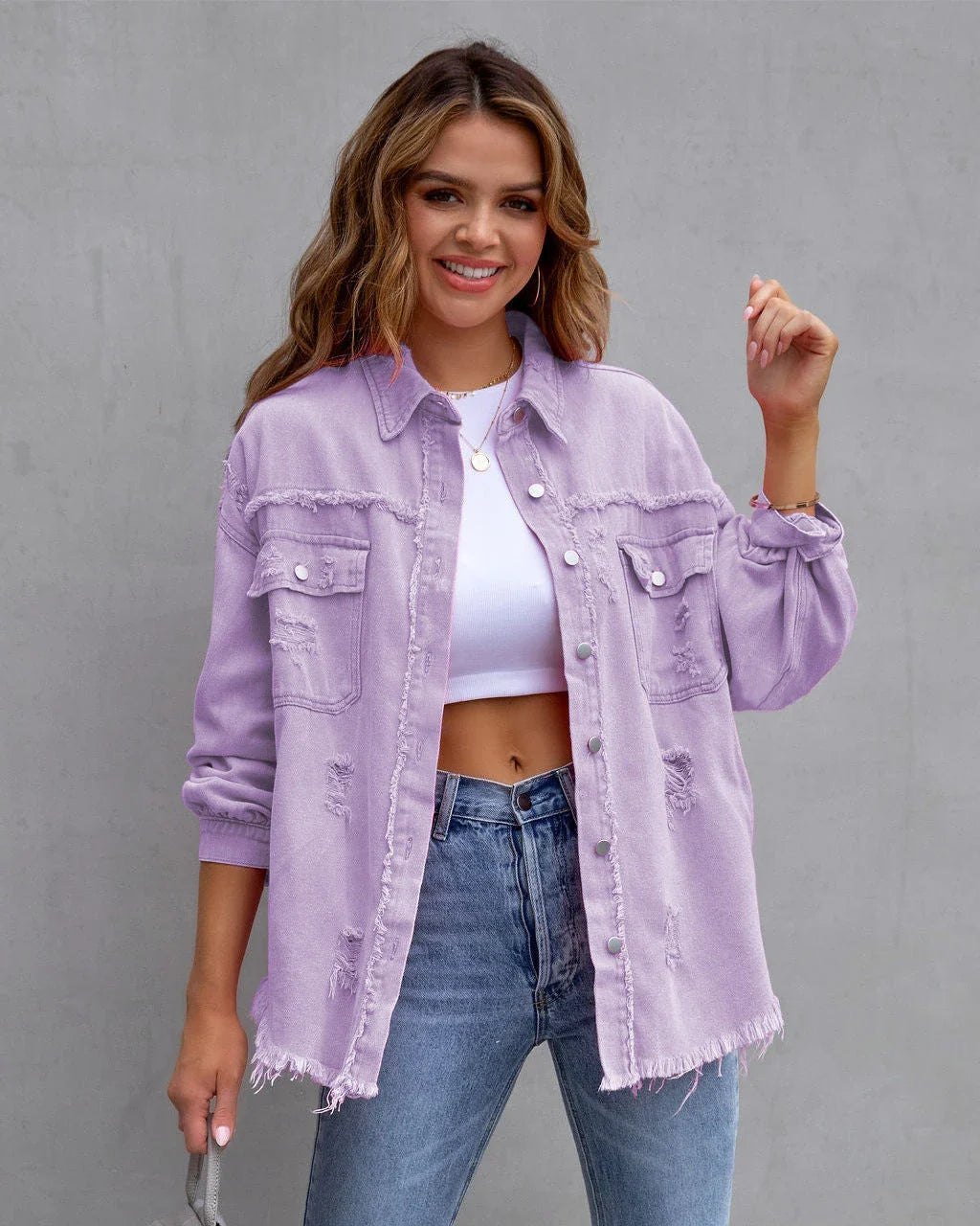 Stylish ripped casual jacket for women in a variety of vibrant colors and sizes