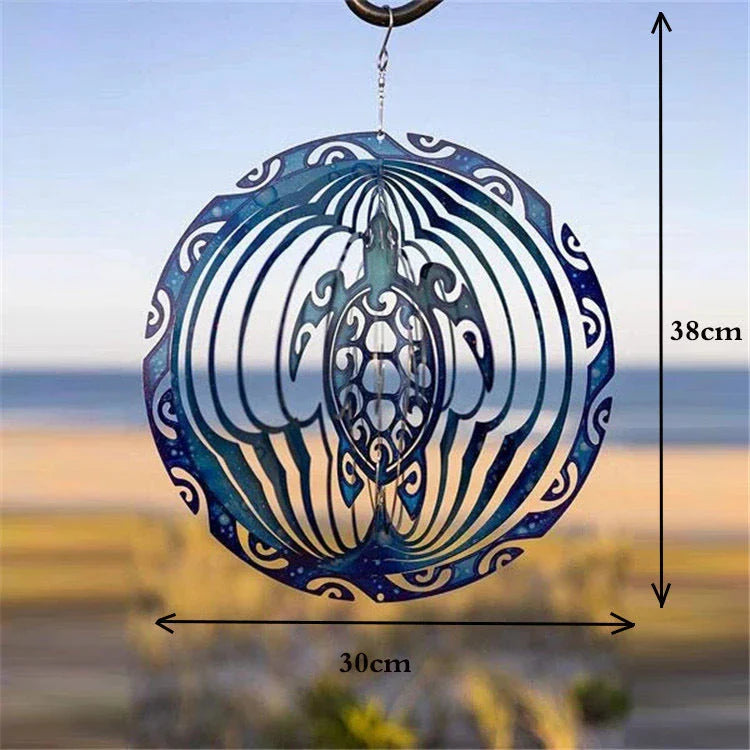 Elegant blue ocean turtle wind chime with shimmering metal blades and reflective paint, creating a captivating outdoor decoration