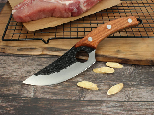 Forged stainless steel boning knife with ergonomic handle and leather sheath