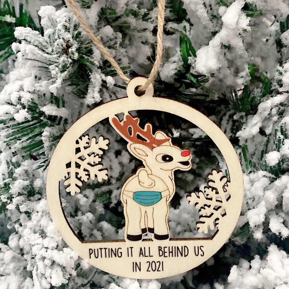Wooden Hollowed-out Christmas Tree Pendant with snowman and deer design