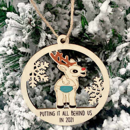 Wooden Hollowed-out Christmas Tree Pendant with snowman and deer design
