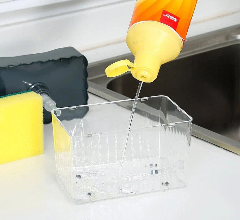 Sleek 2-in-1 soap dispenser and sponge caddy with push-button operation, modern design, and large 380ml capacity