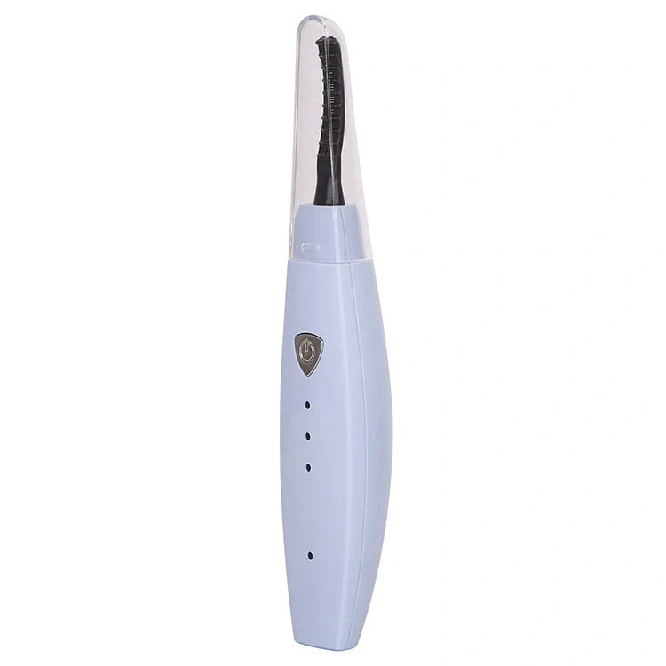 USB rechargeable electric heated eyelash curler in white, pink, black, and blue