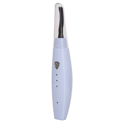 USB rechargeable electric heated eyelash curler in white, pink, black, and blue