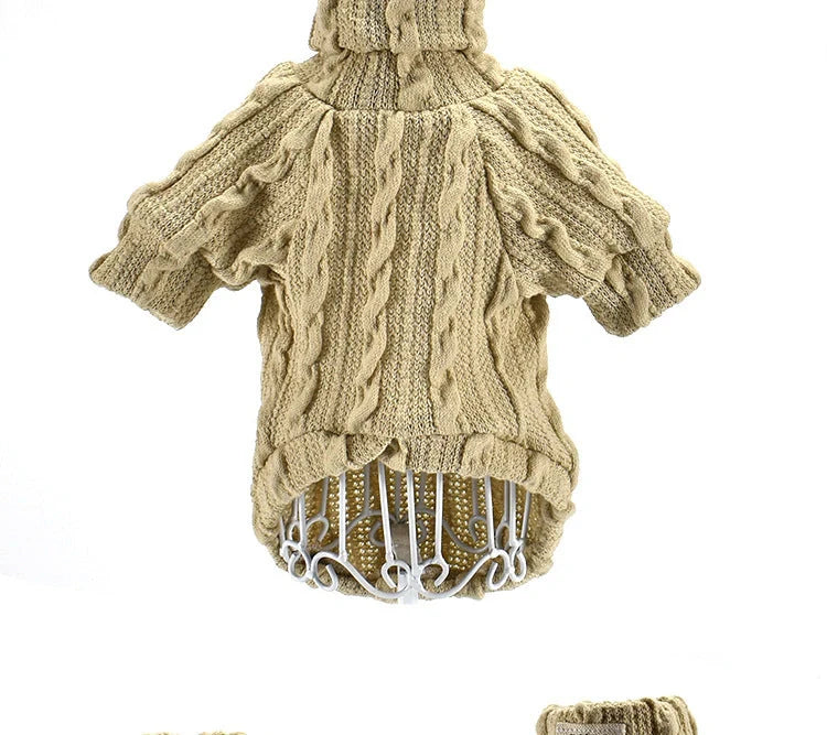 Dog wearing a warm acrylic turtleneck sweater in various colours, suitable for small to medium breeds.