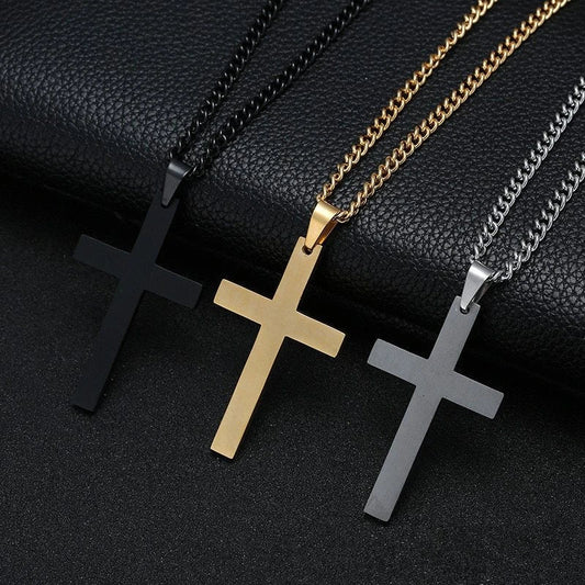 Stainless steel cross pendant necklace in black, silver, and gold colours, showcasing a classic and elegant design