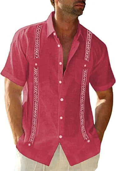 Men's casual guayabera Cuban-style short-sleeve shirt in various colors and sizes