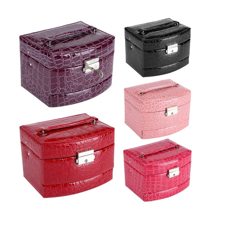 3-layer leather jewellery and makeup storage box with mirror in various colours