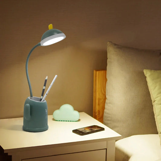 Cactus-shaped table lamp with pen holder and USB charging feature