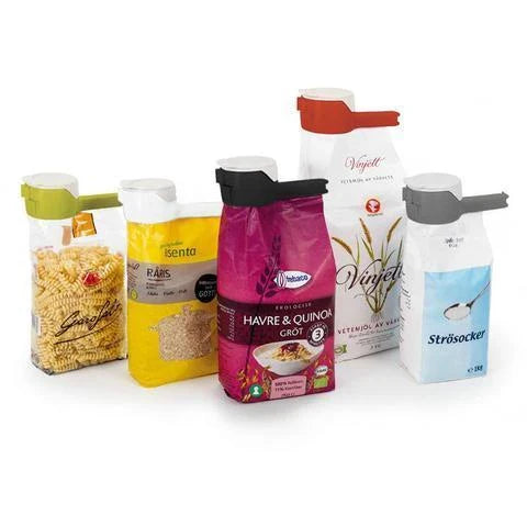 Premium food preservation clip with airtight seal and wide pouring spout to keep snacks fresh