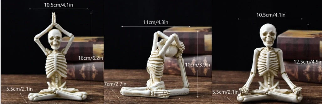 Haunting Halloween desktop ornaments, featuring intricate resin skulls and skeletons in black and vintage white finishes