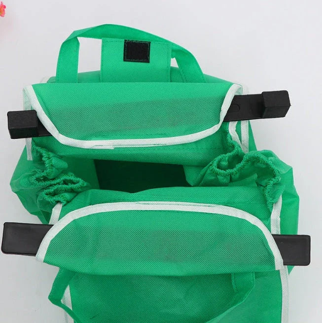 Reusable eco-friendly folding shopper bag in green colour, with generous front pocket and durable, mold-resistant construction