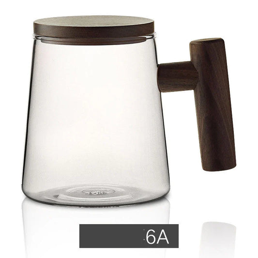 Premium borosilicate tea infuser cup with natural walnut handle, available in various sophisticated colour options