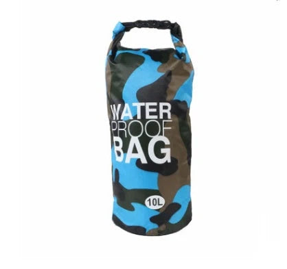 Camouflage waterproof bucket bag for outdoor adventures, available in multiple sizes and colours.