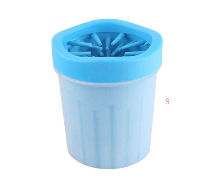 Silicone Dog Paw Washer Cup in various colors and sizes, featuring soft bristles for gentle cleaning.