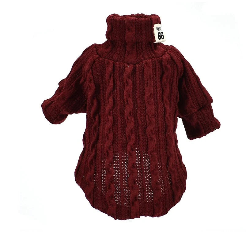 Dog wearing a warm acrylic turtleneck sweater in various colours, suitable for small to medium breeds.