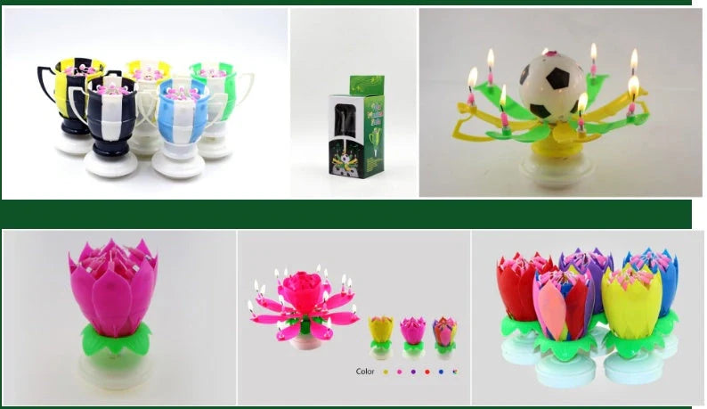 Musical Lotus Candles in various colours, showcasing the elegant lotus design and music feature
