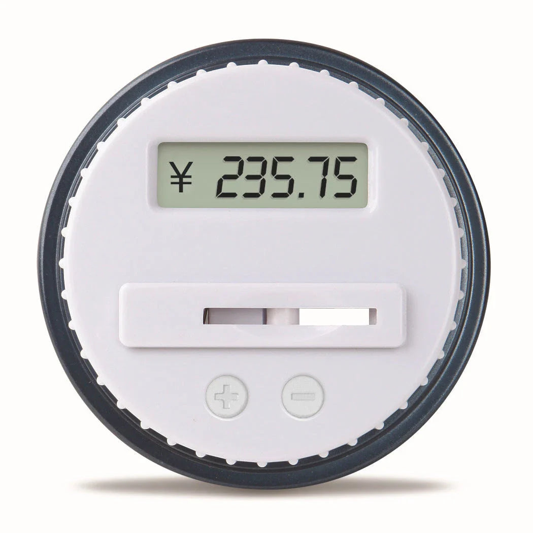 Transparent digital money box with LCD coin counter, designed for effortless coin saving and tracking in the UK