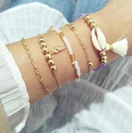 Bead Chain Bracelet Set featuring star and moon design in alloy material