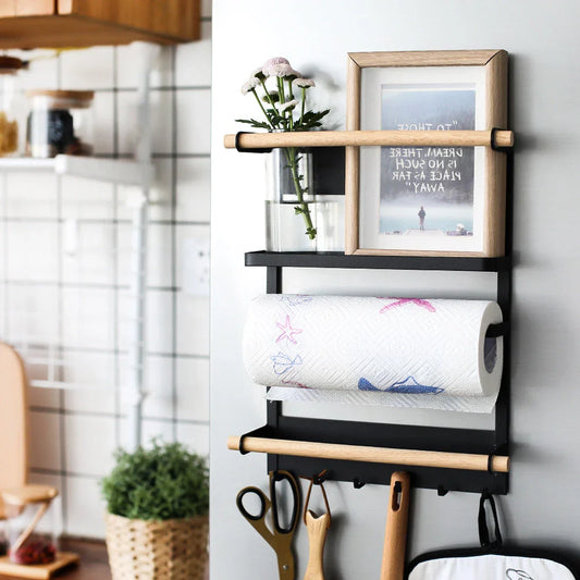 Stylish magnetic refrigerator rack with six storage hooks and wooden crossbar for organising kitchen essentials