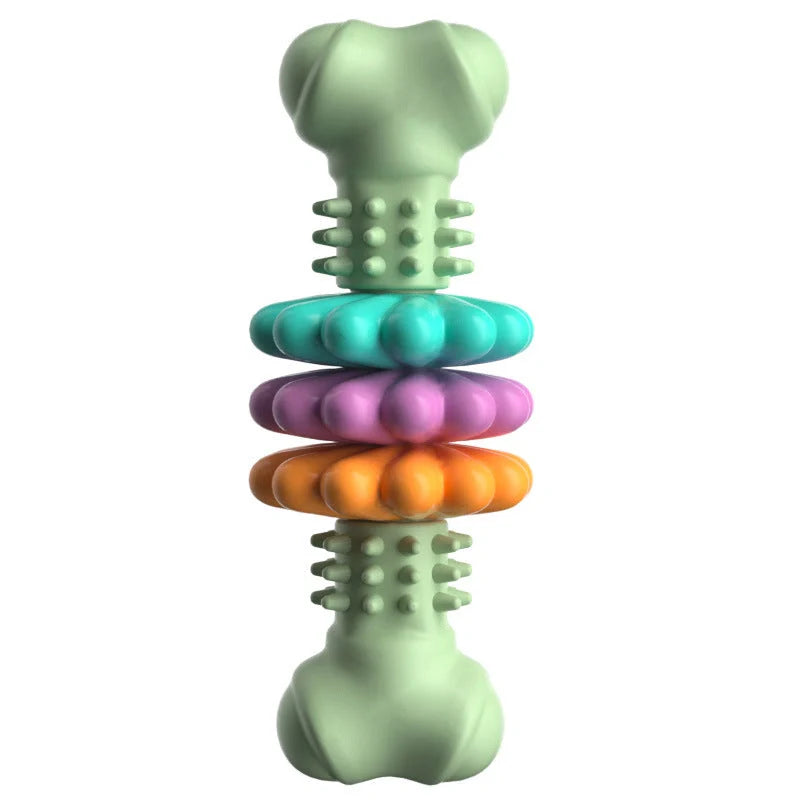 TPR dog chew toy bone shape in blue, pink, and green for teeth cleaning and stress relief
