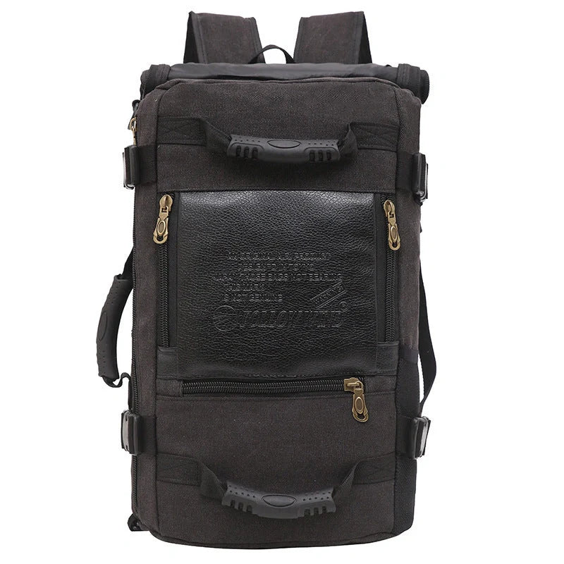 Men's canvas backpack with reinforced handle and multiple pockets