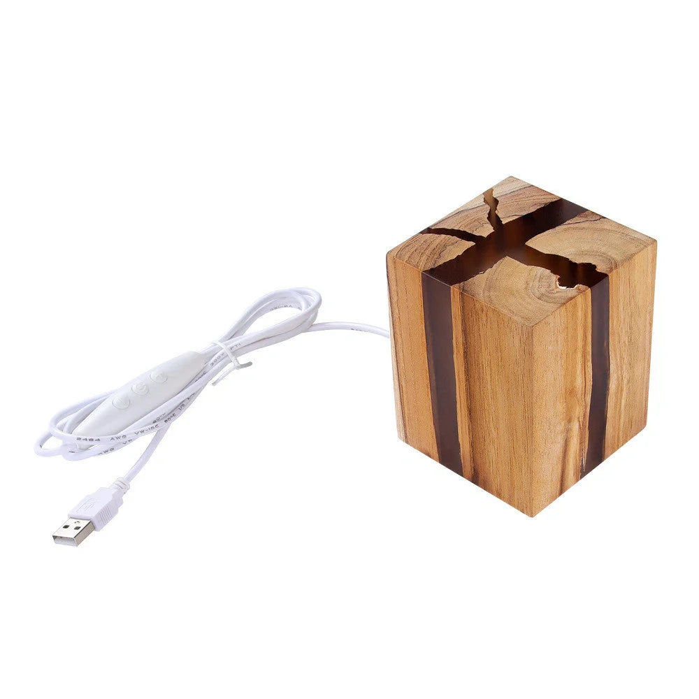 Adjustable wooden LED desk lamp with USB charging port in rustic brown finish