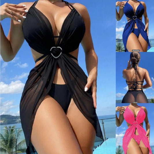 Women's 3-piece halter neck bikini set in solid colours for beach and summer