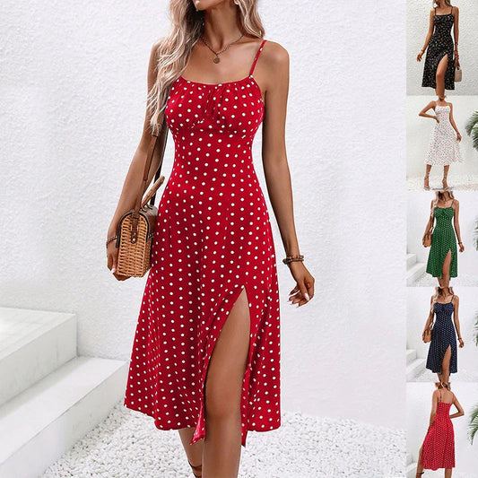 Stylish polka dot suspender dress in multiple colors and sizes for a chic summer look
