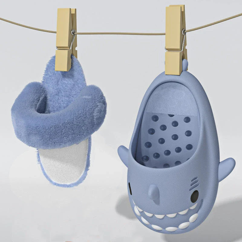 Cozy Shark Slippers with plush, fuzzy interior and thick, non-slip sole for comfortable, warm house shoes