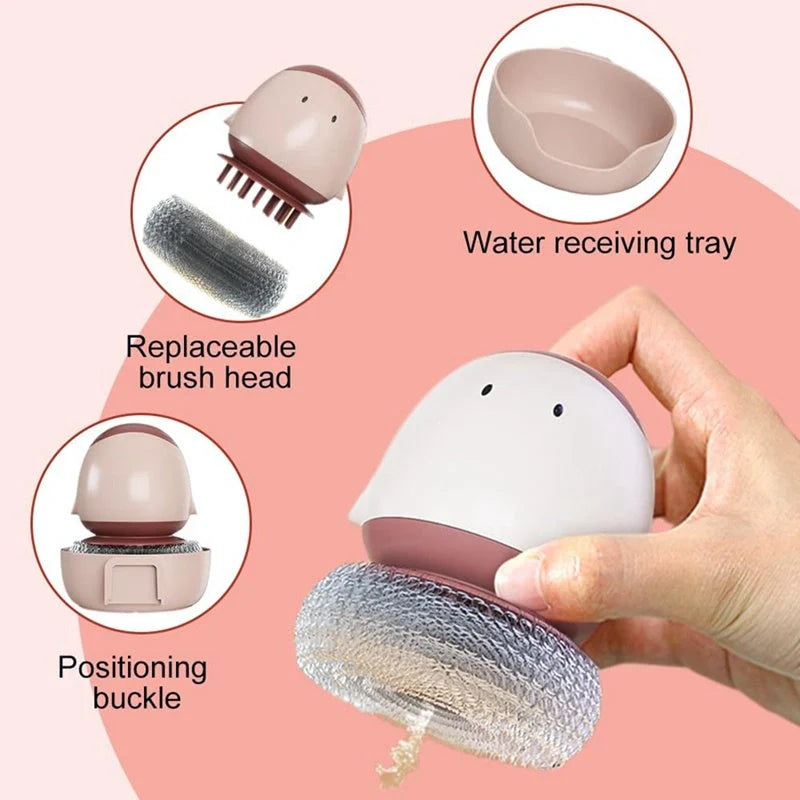 Automatic liquid filling dishwashing brush with cute chicken design and replaceable head