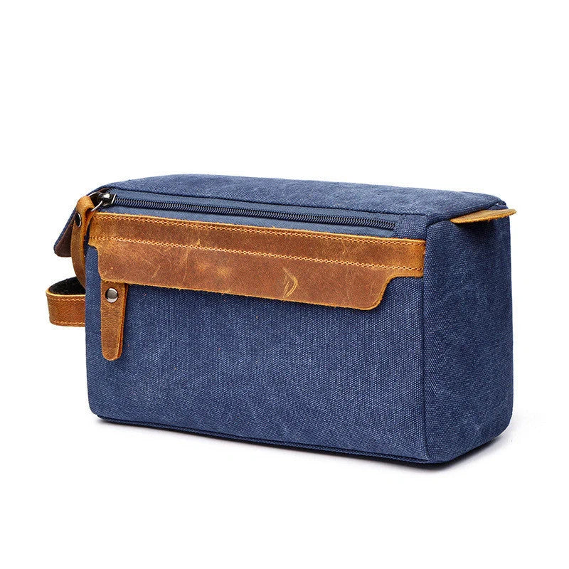 Premium canvas travel toiletry bag with multiple compartments and classic colours