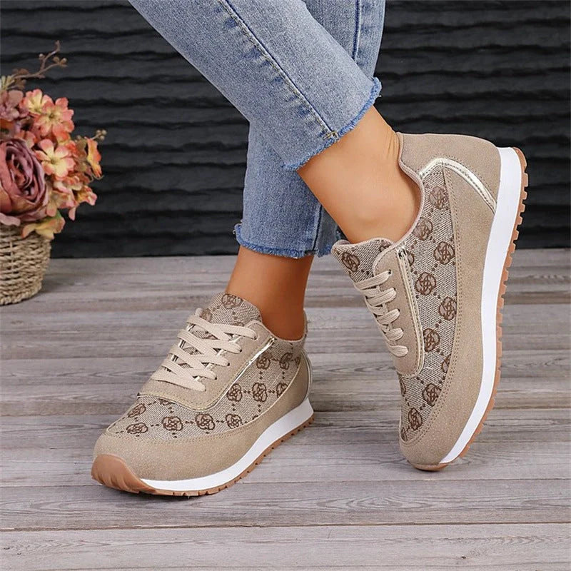 Women's floral print lace-up sneakers in grey and camel colours