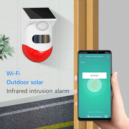 Solar-powered infrared motion-activated alarm with remote control for home and business security