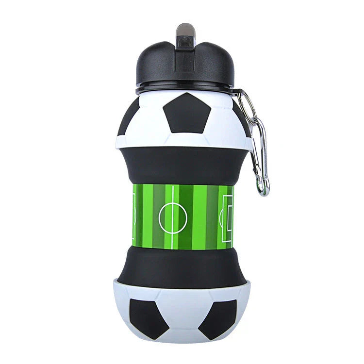 Foldable football-shaped silicone water bottle with straw - a durable, leak-proof, and eco-friendly travel companion for sports, hiking, and everyday hydration needs.