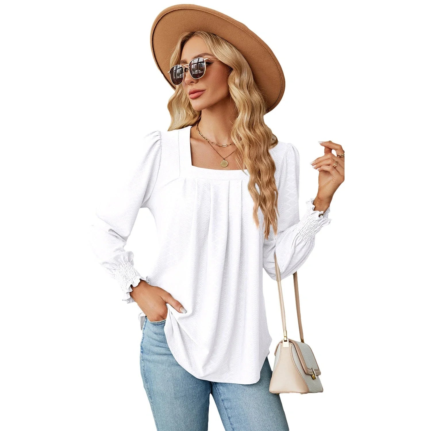 Jacquard pleated square neck T-shirt in various colours
