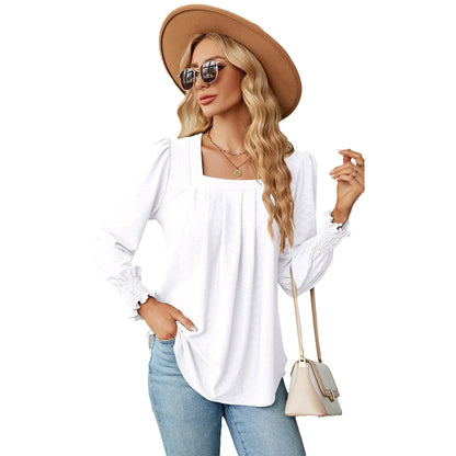 Jacquard pleated square neck T-shirt in various colours