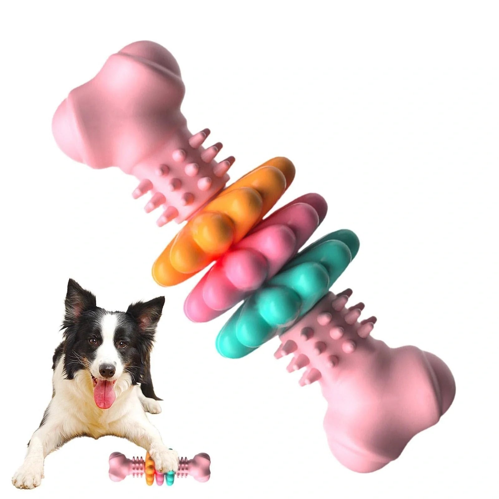 TPR dog chew toy bone shape in blue, pink, and green for teeth cleaning and stress relief
