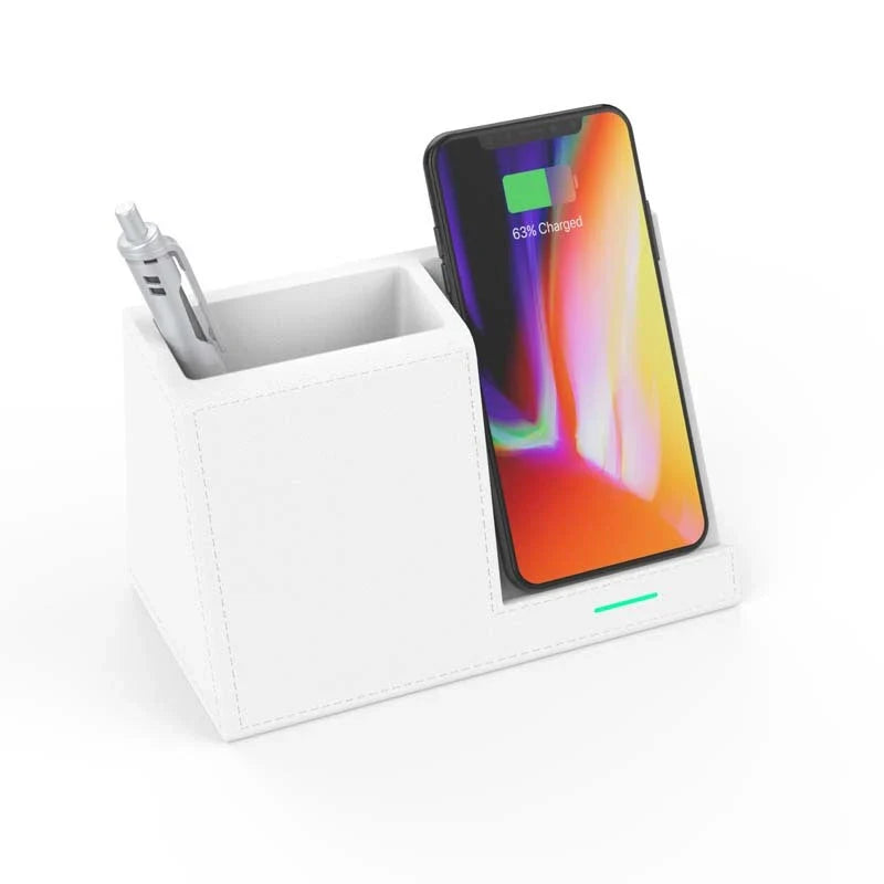 Premium Leather Wireless Charging Station with Pen Holder - Sleek and Versatile Desk Accessory