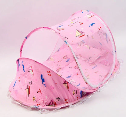Foldable baby mosquito net bed with soft mattress and pillows, providing a safe and comfortable sleeping environment for infants and toddlers.