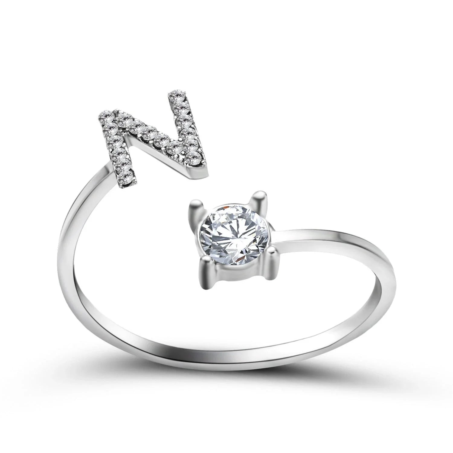 Customizable adjustable ring with 26 letters for women, featuring zircon stones and copper alloy construction