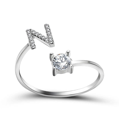Customizable adjustable ring with 26 letters for women, featuring zircon stones and copper alloy construction