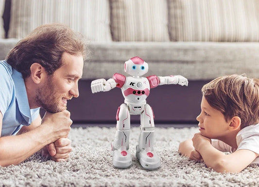 Remote-controlled dancing robot toy with gesture-sensing controls, preprogrammed songs and dances, and customizable programming capabilities