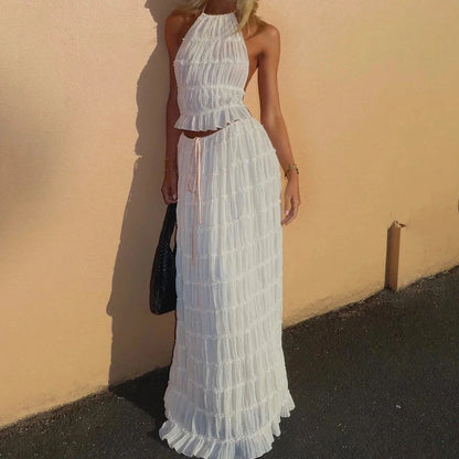 Chic sleeveless backless cropped halter top and pleated maxi dress set in various colors