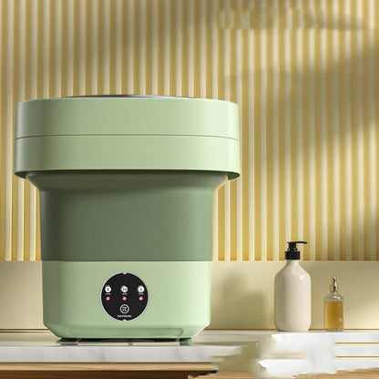Compact folding washing machine for small spaces and travel, featuring a lightweight, portable design with powerful cleaning capabilities
