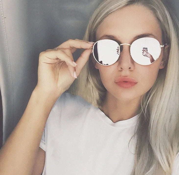 Women's retro metal sunglasses with round frame in gold and silver options