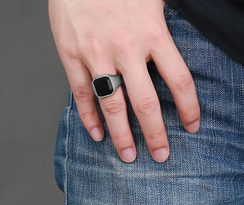Men's geometric stainless steel ring in silver, gold, red, and black finishes