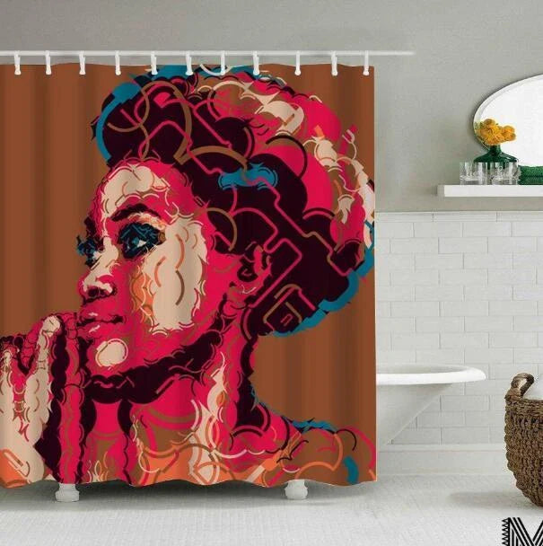 Vibrant African-inspired shower curtain with portrait of a beautiful African girl wearing earrings and bold hairstyle