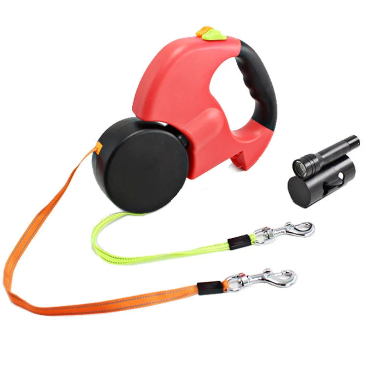 Dual-headed dog leash with flashlight and garbage bag box in grey and red